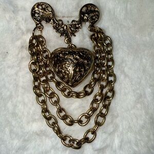 Etched Gold Tone Metal Heart Dangle Triple Chain Chatelaine Brooch Vintage